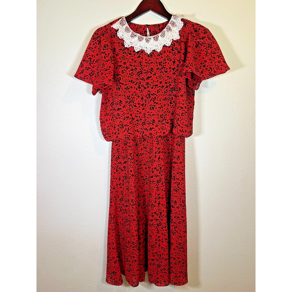 Vintage 1980s Prairie Revival Red Floral Lace Collar Midi Dress Basic Theater Pc